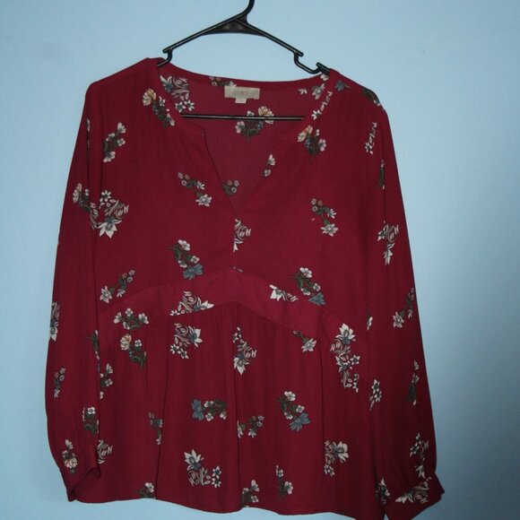 LOFT Outlet Small Women's V-Neck Button Sleeve Maroon Floral Top - Picture 2 of 16